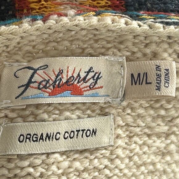 Faherty Cardigan Sweater M/L Beige Native Designed Crow Stripes Fringe Tie - Picture 6 of 7